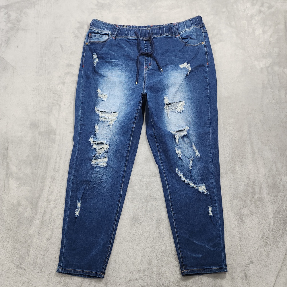 Elite Jeans Jeans Womens 3X Blue High Rise Pull On Tapered Distressed Stretch